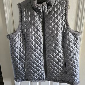 Reversible Quilted Gray Irridescent Nylon Over Faux Fur